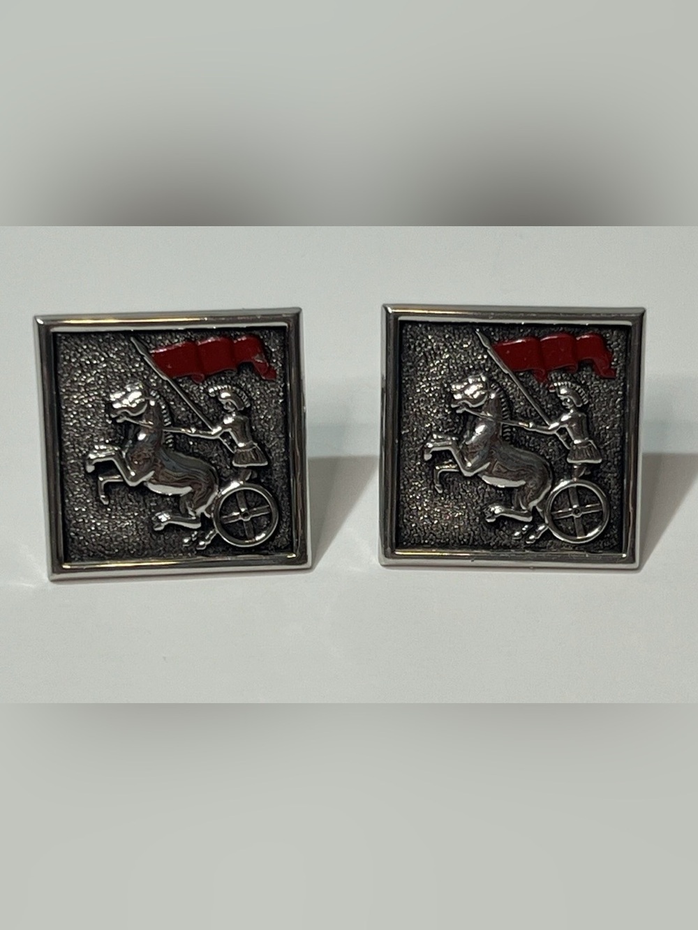 Vintage Swank Silver Tone & Red Roman Soldier in Chariot 1" Square Cufflinks